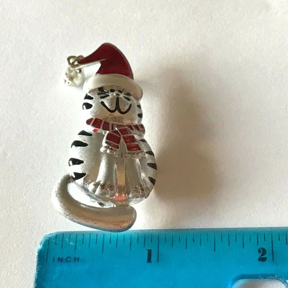 Vtg Santa Christmas Cat Brooch Pin Red Hat Scarf Bell Kitty Silver Plated Enamel - Picture 8 of 9